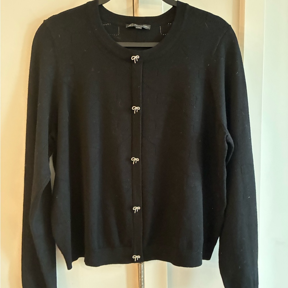 Black, rhinestone Bow-Accent Crewneck faux Cardigan Sweater